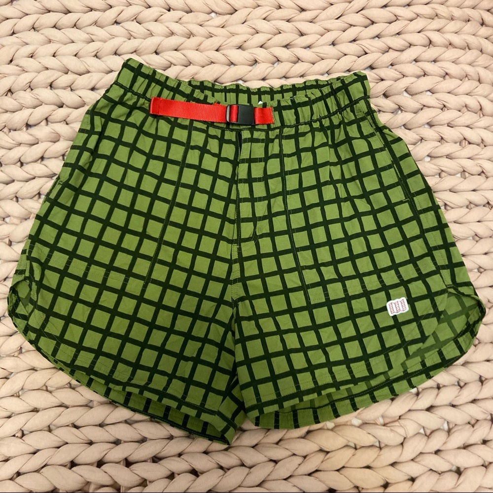 Topo Designs Green Grid Athletic Shorts with Red Belt Accent